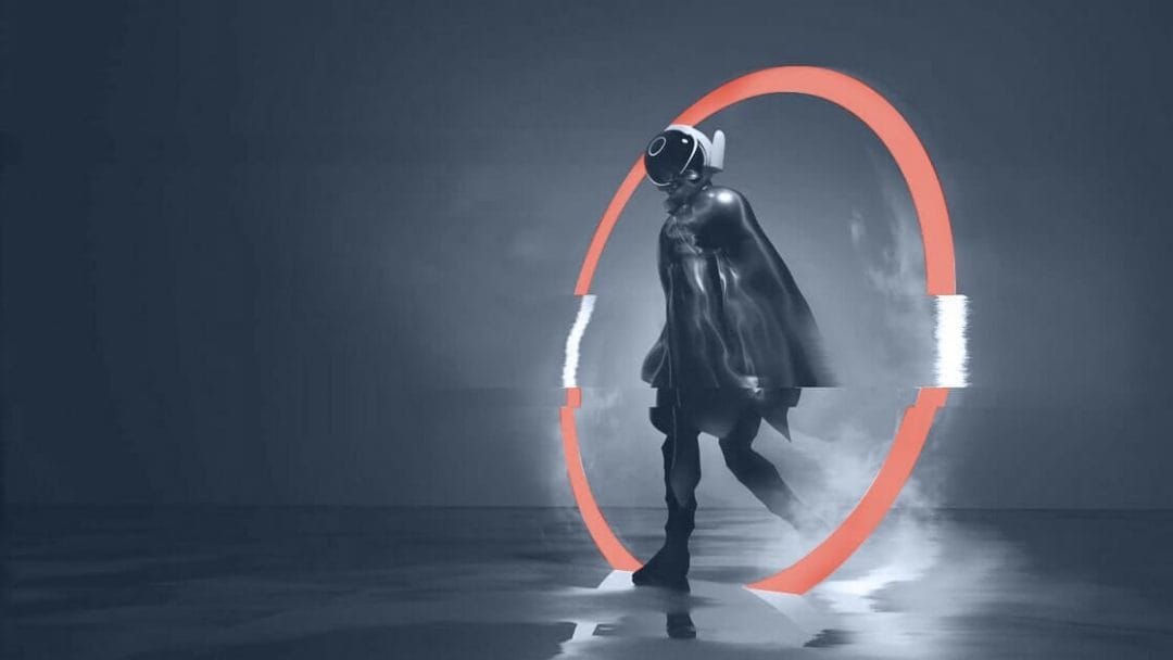 A futuristic figure wearing a helmet and cape steps through a glowing, red circular portal in a dark, misty environment. The figure and its reflection on the glossy ground add a sense of depth. The scene is enveloped in a monochromatic, blue-gray hue, evoking a sci-fi atmosphere.