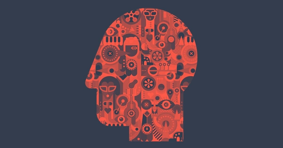 A silhouette of a human head filled with mechanical gears and cogs, illustrating a concept of the mind as a complex machine.