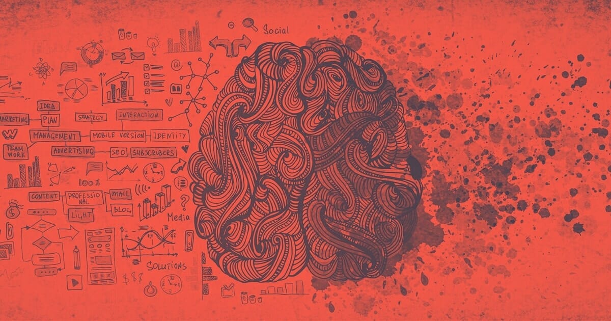 Abstract illustration of a human brain filled with complex, swirling lines. Surrounding the brain are various doodles and icons representing technology, communication, and media. The background, a textured distressed red with black splatters, evokes the chaotic intensity of fuelling modern marketing strategies.
