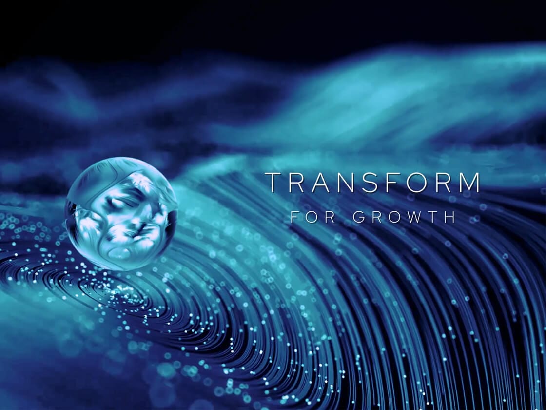 A digital art piece showing a blue, futuristic sphere floating above swirling, luminous wave patterns made of light streaks. To the right of the sphere, the text "TRANSFORM FOR GROWTH" is displayed in uppercase white letters. The background is predominantly dark blue and black.