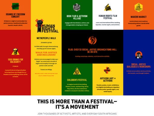 Is Your Brand Working For You? 30 The image is a vibrant Conhill Human Rights Festival poster, divided into nine squares, each spotlighting a different aspect of the 2025 event. Themes include music, books, film, markets, solidarity, justice, dialogue, children's activities, and art. The text highlights a movement for activism.