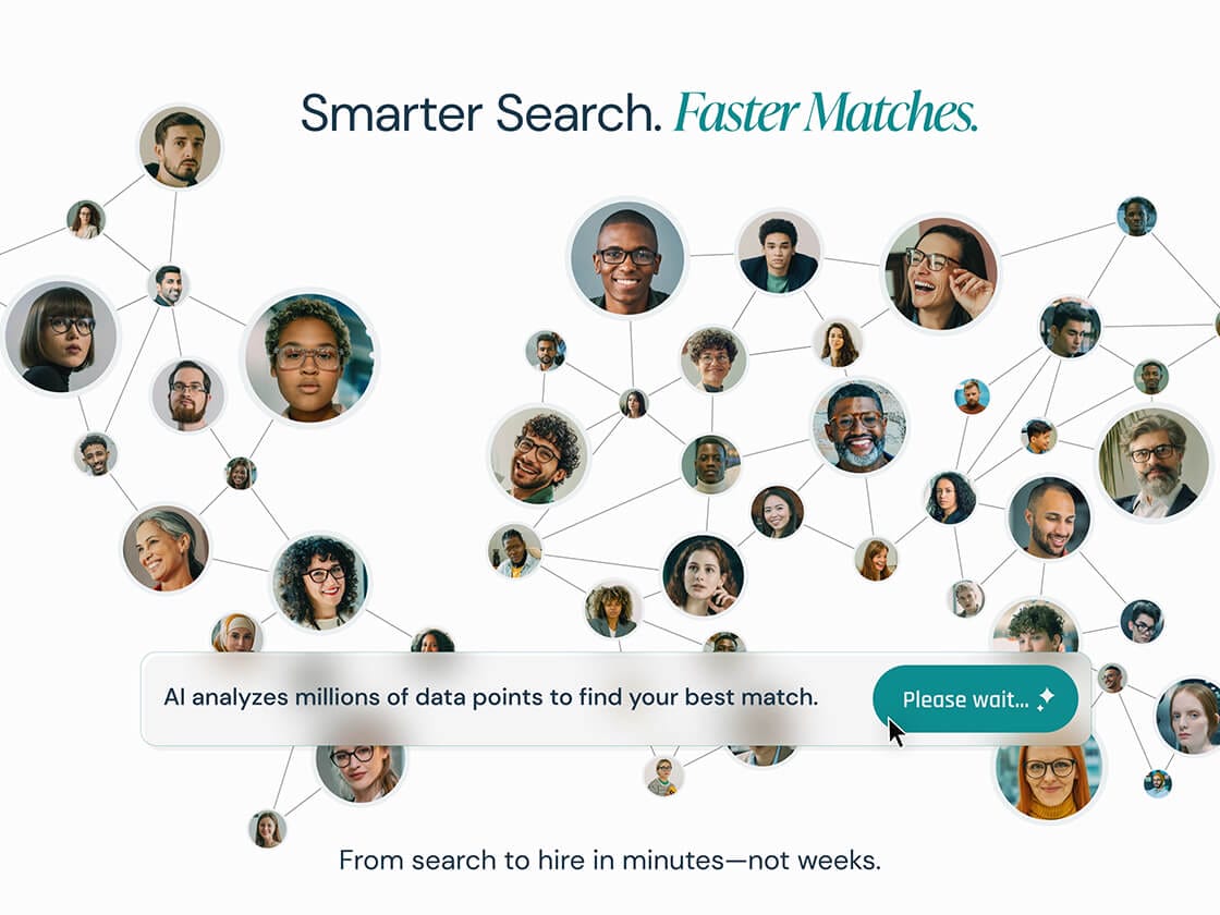 A web page showcases interconnected profile images of diverse individuals against a light background. A pop-up says, "AI analyzes millions of data points for candidate matching." A "Please wait" button is below. At the top, "Smarter Search. Faster Matches by Stealth Talent Solutions.