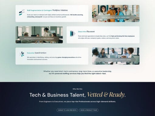 A professional website section displays three hiring services—staff augmentation, direct hire placement, and executive search—each with an icon and photo of diverse professionals. Below, Stealth Talent Solutions highlights tech and business recruitment; join or take a tour.