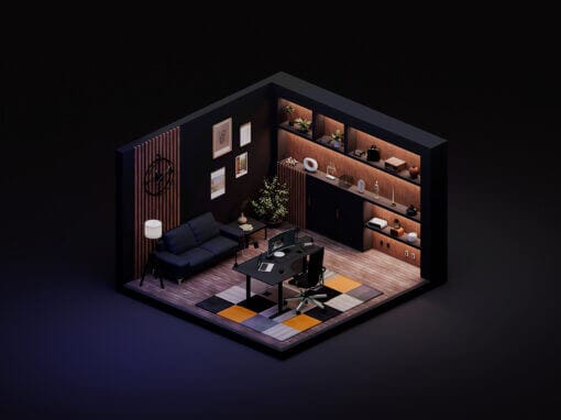 A stylish, modern home office features a black desk with chair, a sofa, lamp, art on the walls, potted plant and open shelves displaying books and décor. The dark walls and geometric-patterned rug create a perfect backdrop for your professional portfolio display.