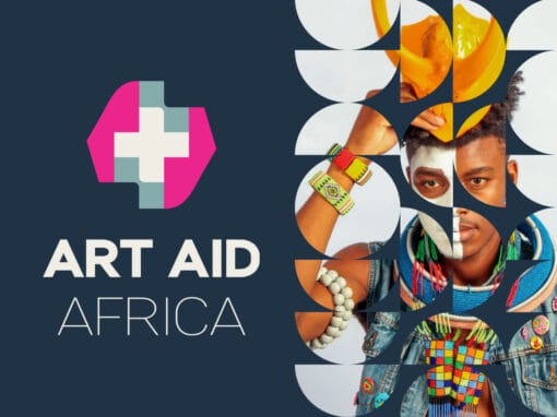 Is Your Brand Working For You? 16 A split-image shows a logo with a white cross on pink and grey next to “ART AID AFRICA.” On the right, an African person in colorful beaded jewelry and face paint holds a yellow mask; artistic circular cutouts form a repeated pattern over the photo.