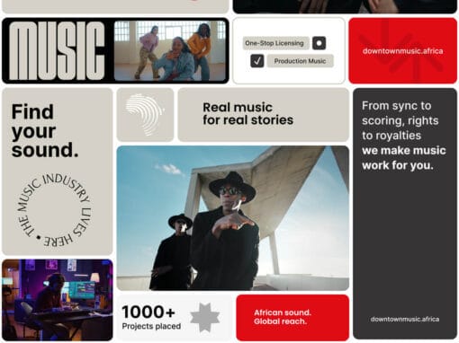 A collage with bold text and photos showing musicians, a modern studio, and two people in hats and sunglasses. Text includes: 