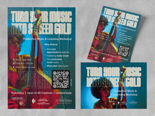 Is Your Brand Working For You? 12 Three promotional posters for a music workshop, showing a woman with sunglasses and a saxophone. Bold text reads: “Turn Your Music Into Screen Gold.” Event details, QR code, and colorful blue, yellow, and red overlays appear on each poster.