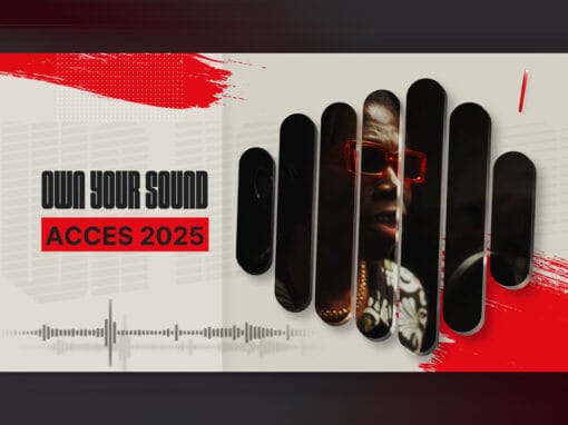 Is Your Brand Working For You? 2 A graphic with the text “OWN YOUR SOUND ACCES 2025.” To the right, a person wearing red sunglasses is shown through stylized black vertical bars resembling a sound wave. Red, white, and black design elements and sound wave graphics decorate the background.