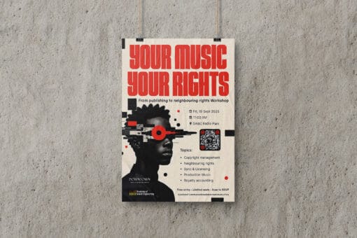 Poster on a concrete wall with bold red text: “Your Music Your Rights.” Features a digital graphic of a Black person’s profile with glitch effects and red circles. Details below include ASE Student Music Publishing Workshop info, date (19 Sept 2025), time, venue, topics, and RSVP note.